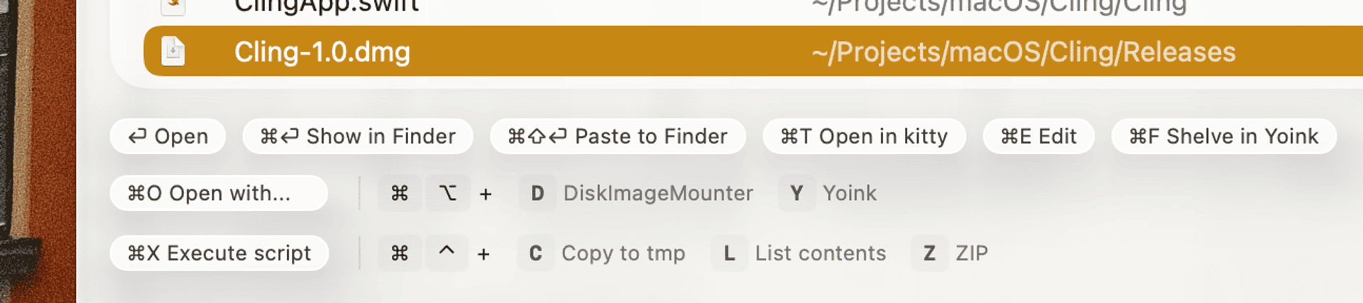 cling-actions Actions panel showing available file actions
