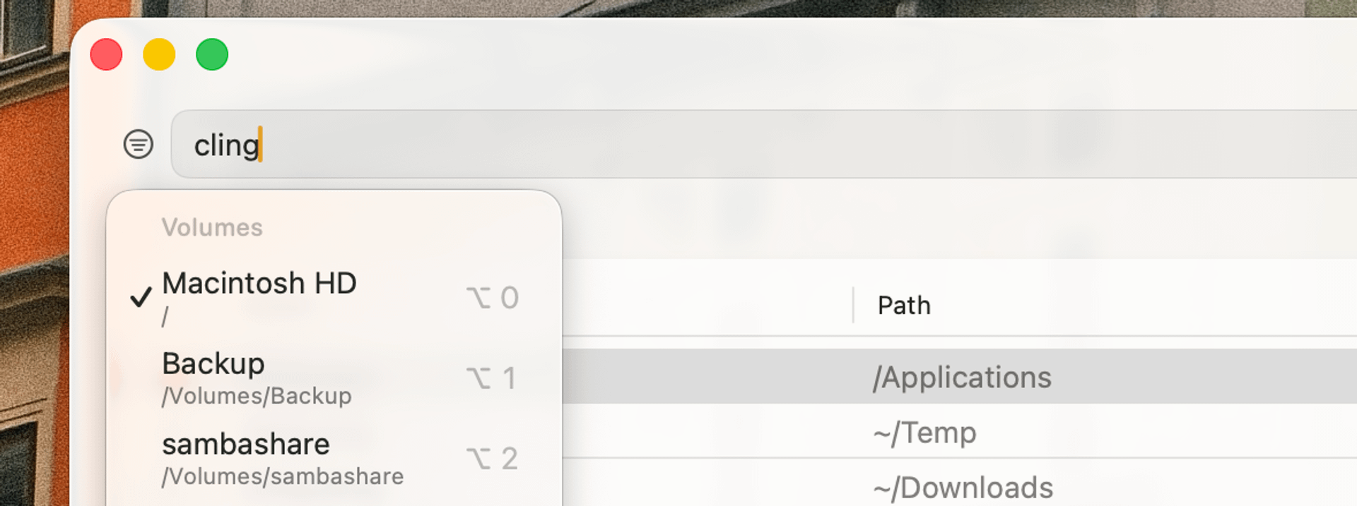 cling-folder-filters Folder and volume filter picker showing saved folder sets