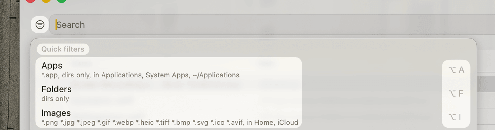 cling-quick-filters Quick Filters panel showing file type filters with hotkeys