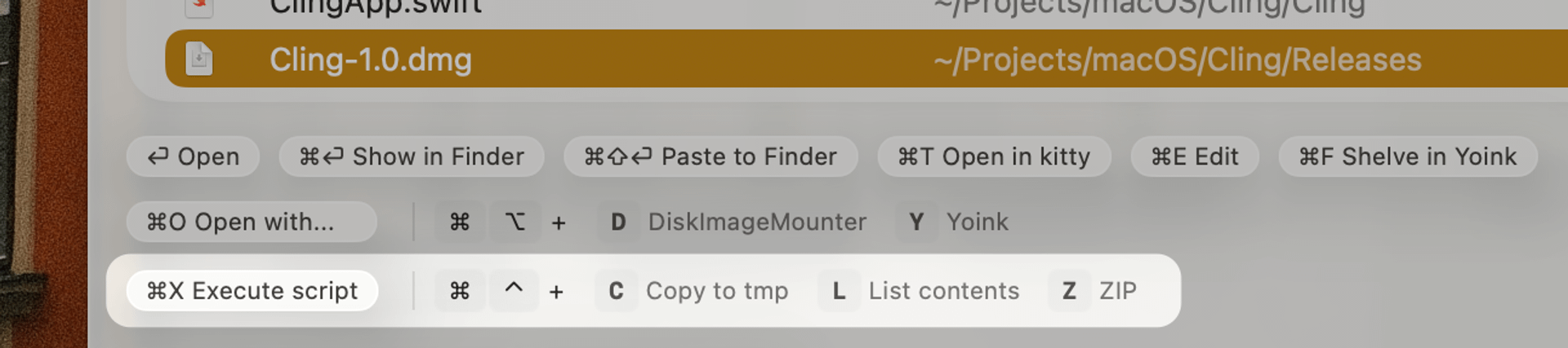 cling-scripts Script row showing custom actions with assigned hotkeys