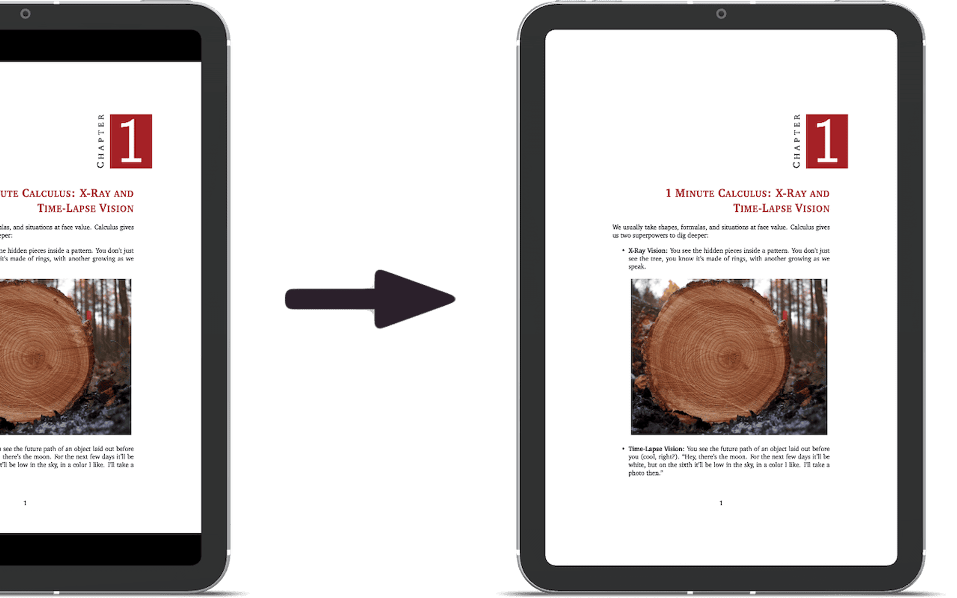 clop-crop-pdf two iPads side by side showing a page of the same book, the left one has black borders at the top and bottom, the right iPad's screen is completely filled by the page