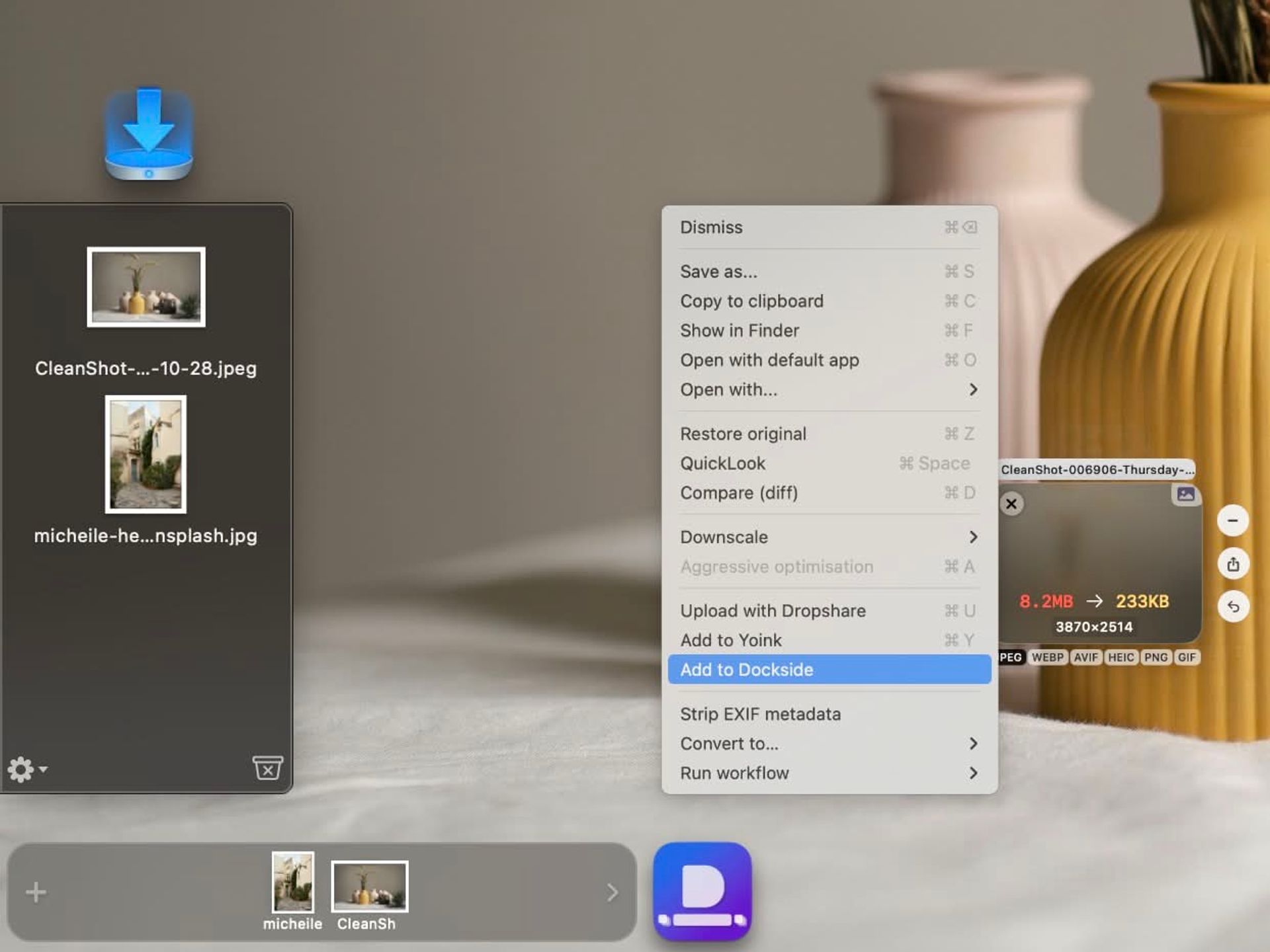 clop-integrations-file-shelf file shelf apps that Clop integrates with, showing Yoink and Dockside
