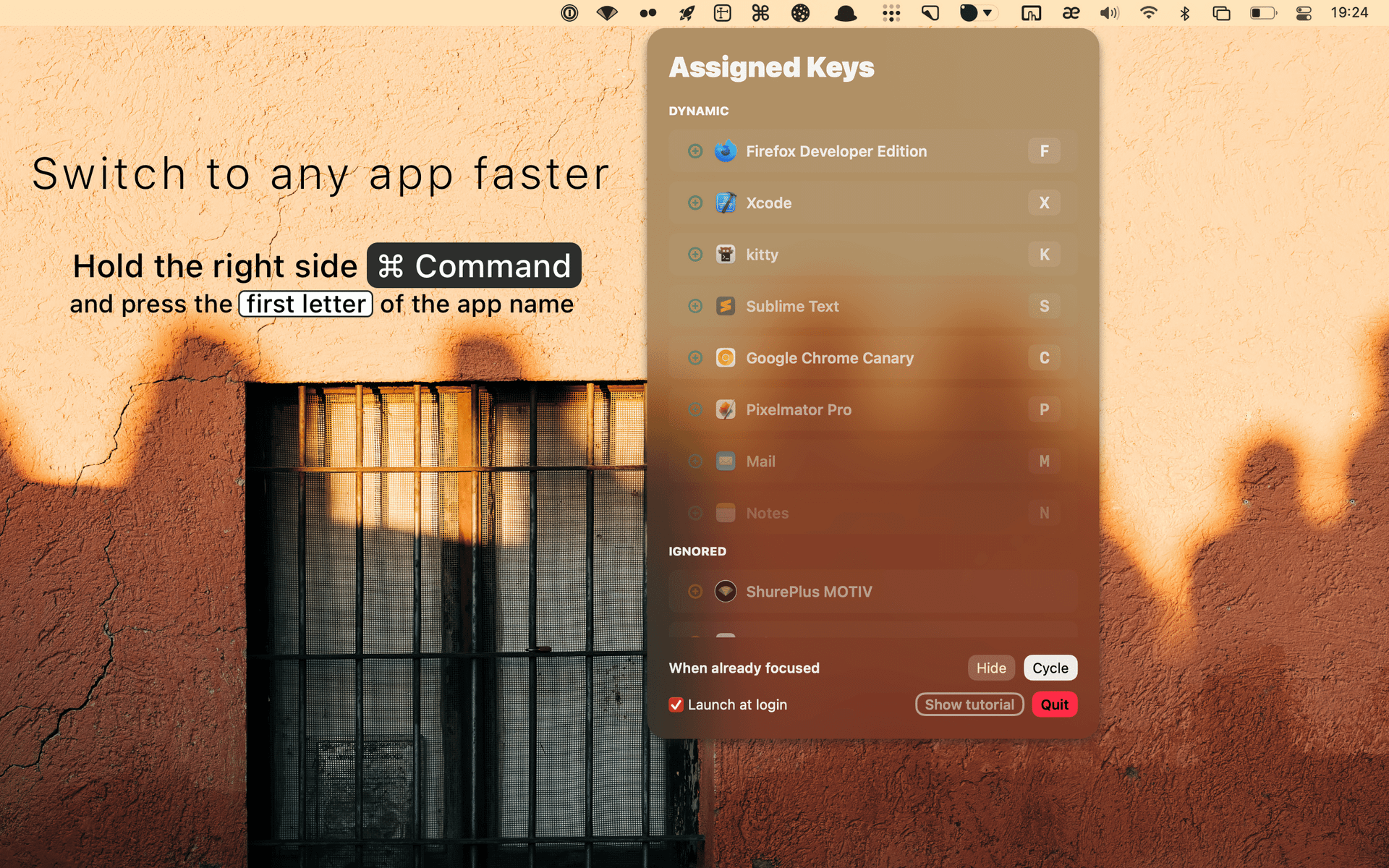 first-run screenshot of the app interface opened from the menu bar, showing running apps with their assigned key