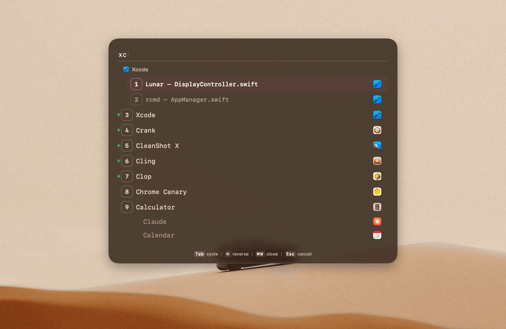 rcmd-theme-amber-dark rcmd app switcher with the amber dark theme