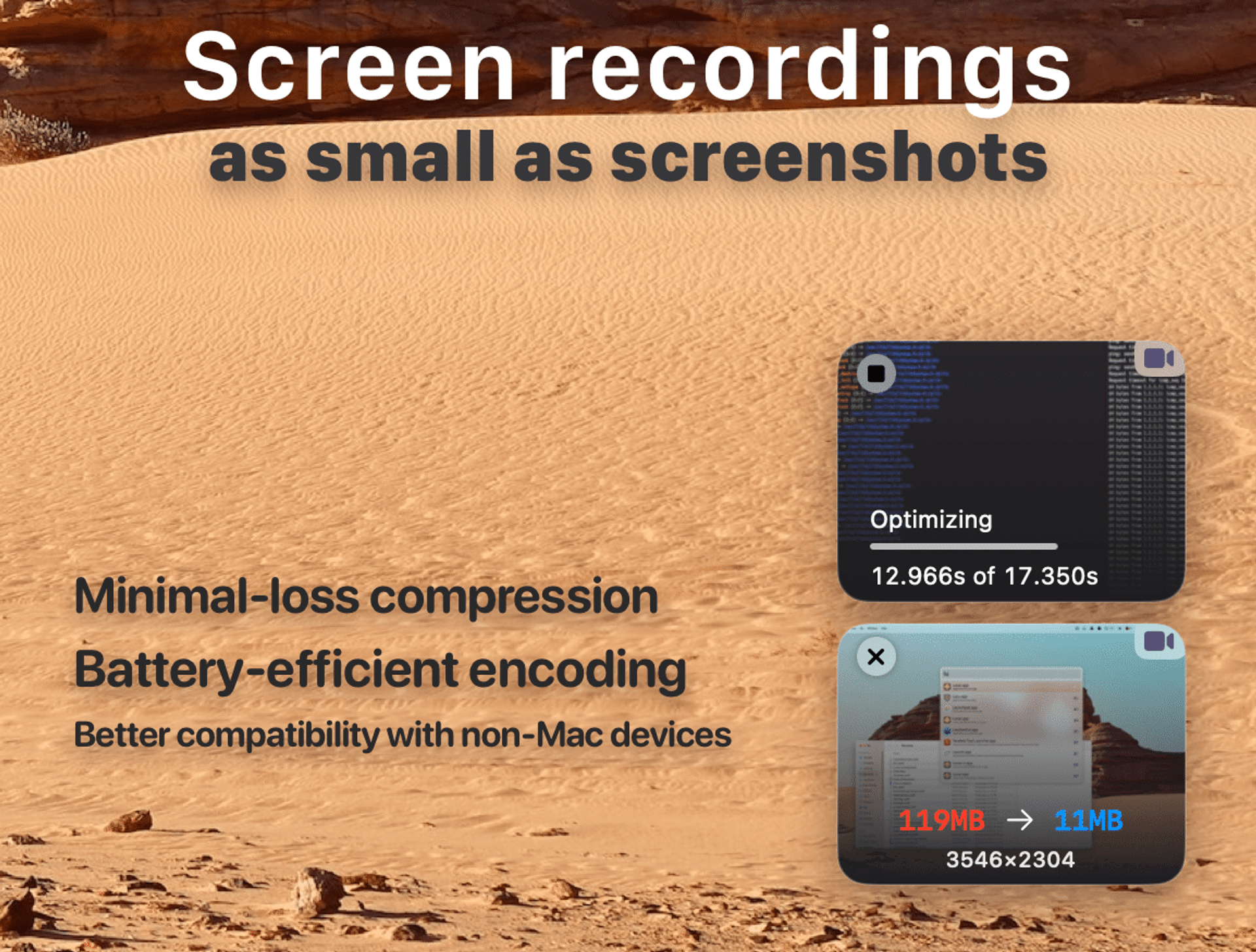 screen-recordings screenshot of optimised videos as floating results in the bottom right corner of the screen